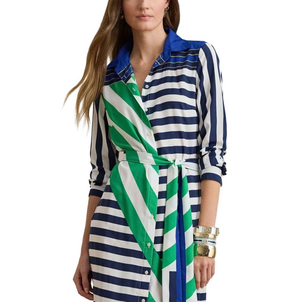Lauren Ralph Lauren Womens Striped Crepe Shirtdress 10 Navy/White/Green - NWT - Picture 5 of 6